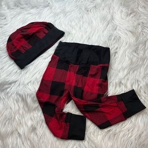 Red and black buffalo plaid pants and hat set for baby boys